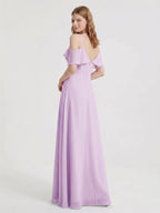 Lilac Chiffon A-Line V-Neck Back Zip Floor-Length Bridesmaid Dress with Pleated Details - Curvevia