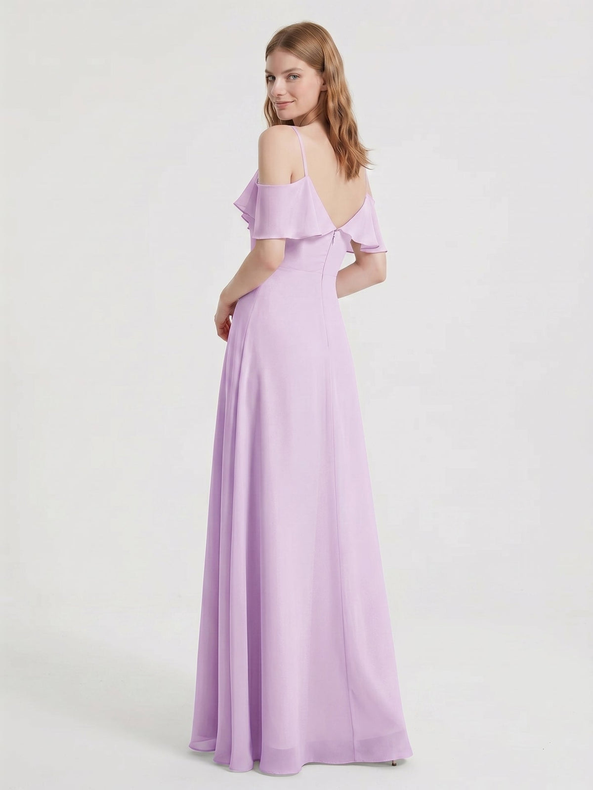 Lilac Chiffon A-Line V-Neck Back Zip Floor-Length Bridesmaid Dress with Pleated Details - Curvevia
