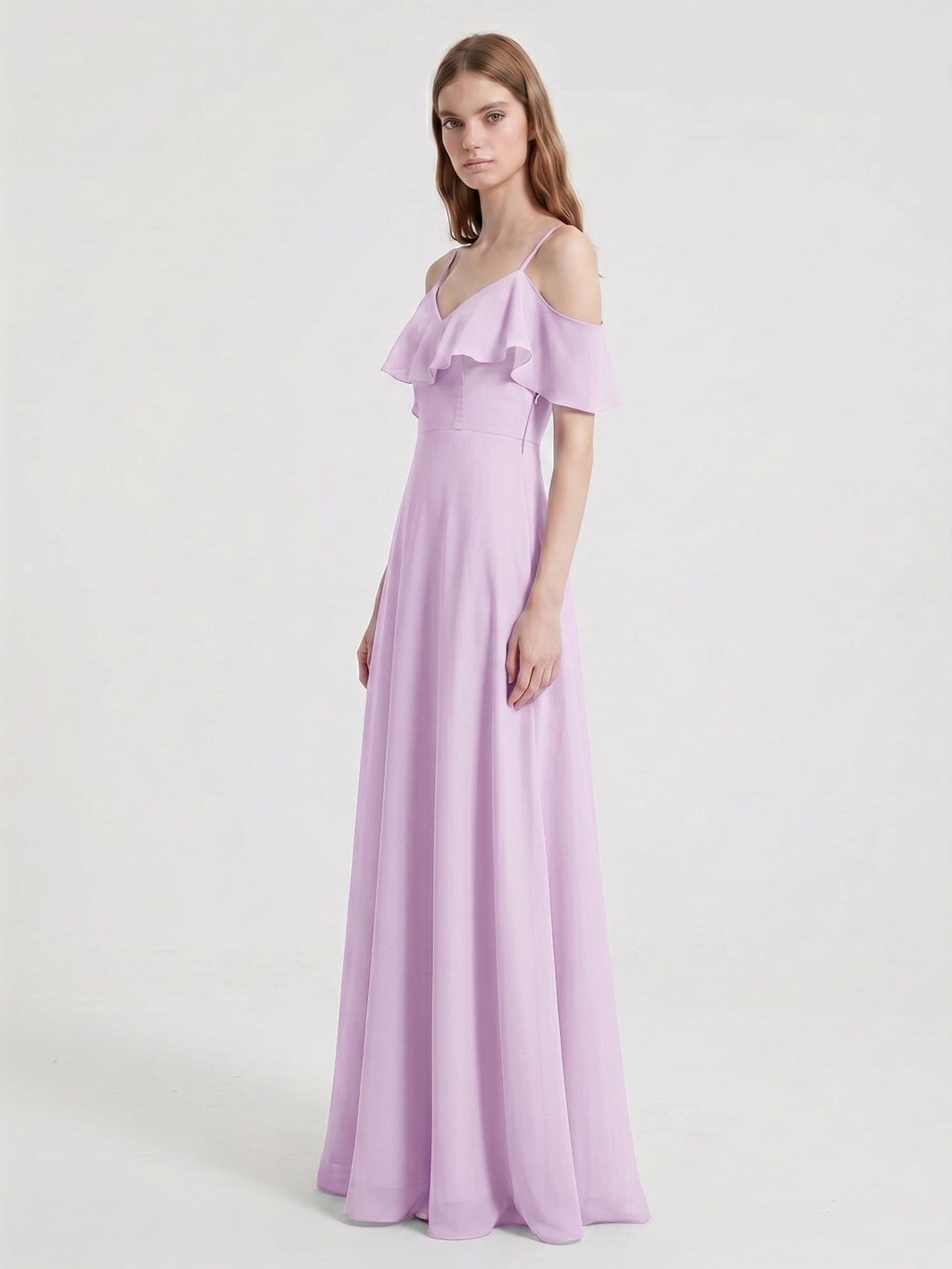 Lilac Chiffon A-Line V-Neck Back Zip Floor-Length Bridesmaid Dress with Pleated Details - Curvevia