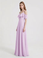 Lilac Chiffon A-Line V-Neck Back Zip Floor-Length Bridesmaid Dress with Pleated Details - Curvevia