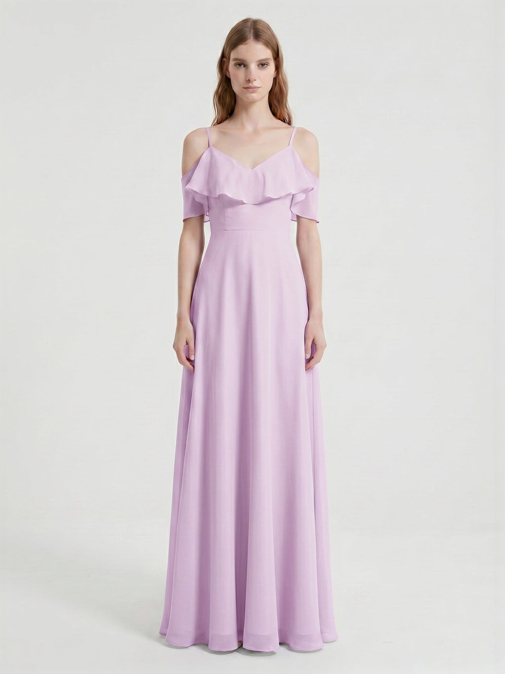 Lilac Chiffon A-Line V-Neck Back Zip Floor-Length Bridesmaid Dress with Pleated Details - Curvevia