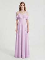 Lilac Chiffon A-Line V-Neck Back Zip Floor-Length Bridesmaid Dress with Pleated Details - Curvevia