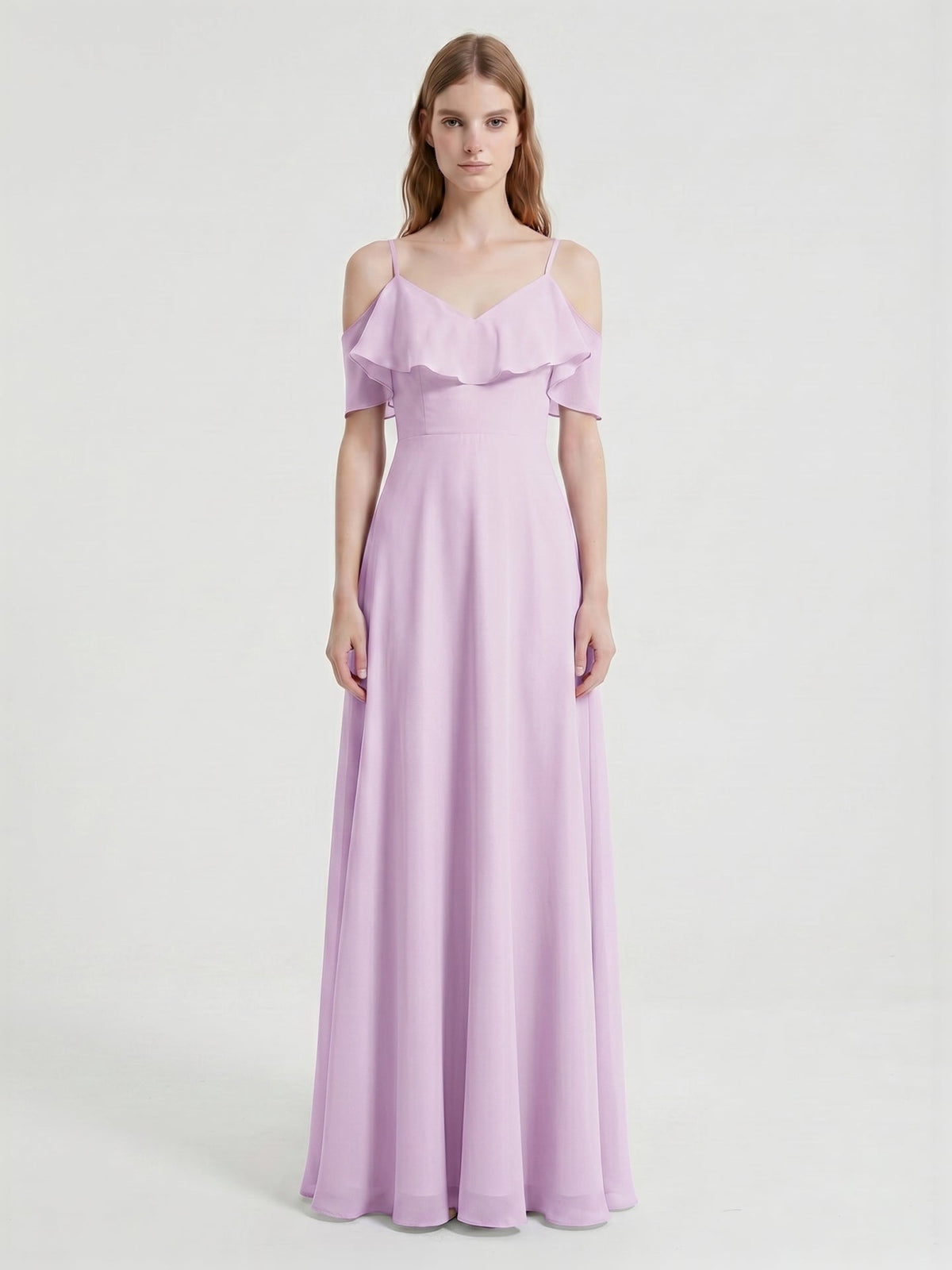 Lilac Chiffon A-Line V-Neck Back Zip Floor-Length Bridesmaid Dress with Pleated Details - Curvevia