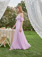 Lilac Chiffon A-Line V-Neck Back Zip Floor-Length Bridesmaid Dress with Pleated Details - Curvevia