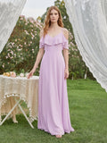 Lilac Chiffon A-Line V-Neck Back Zip Floor-Length Bridesmaid Dress with Pleated Details - Curvevia