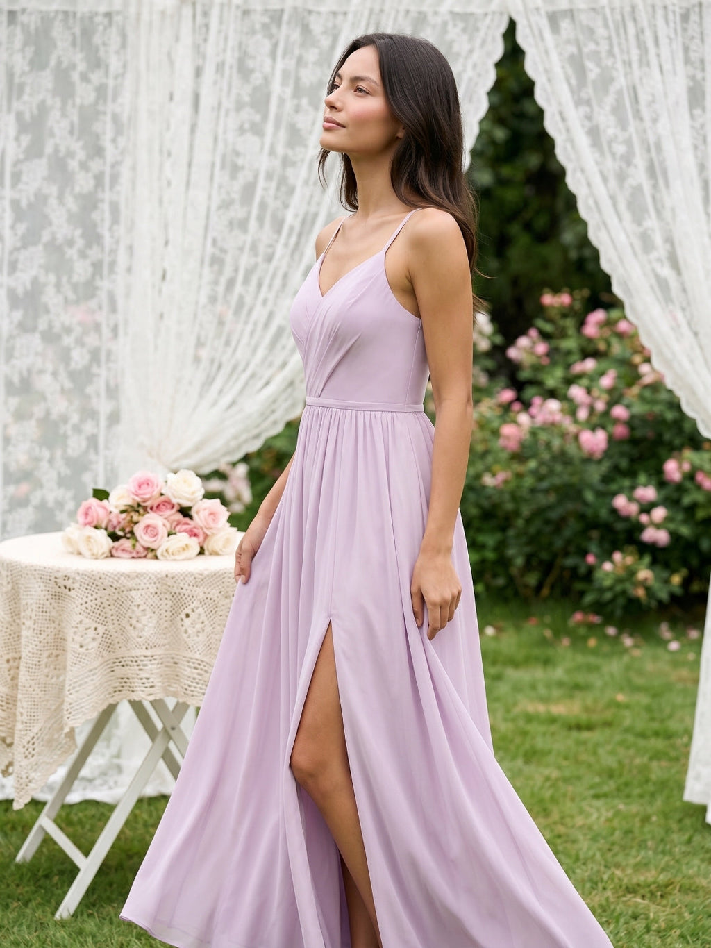 Lilac Chiffon A-Line V-Neck Back Zip Floor-Length Bridesmaid Dress with Pleating - Curvevia
