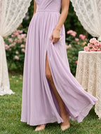 Lilac Chiffon A-Line V-Neck Back Zip Floor-Length Bridesmaid Dress with Pleating - Curvevia