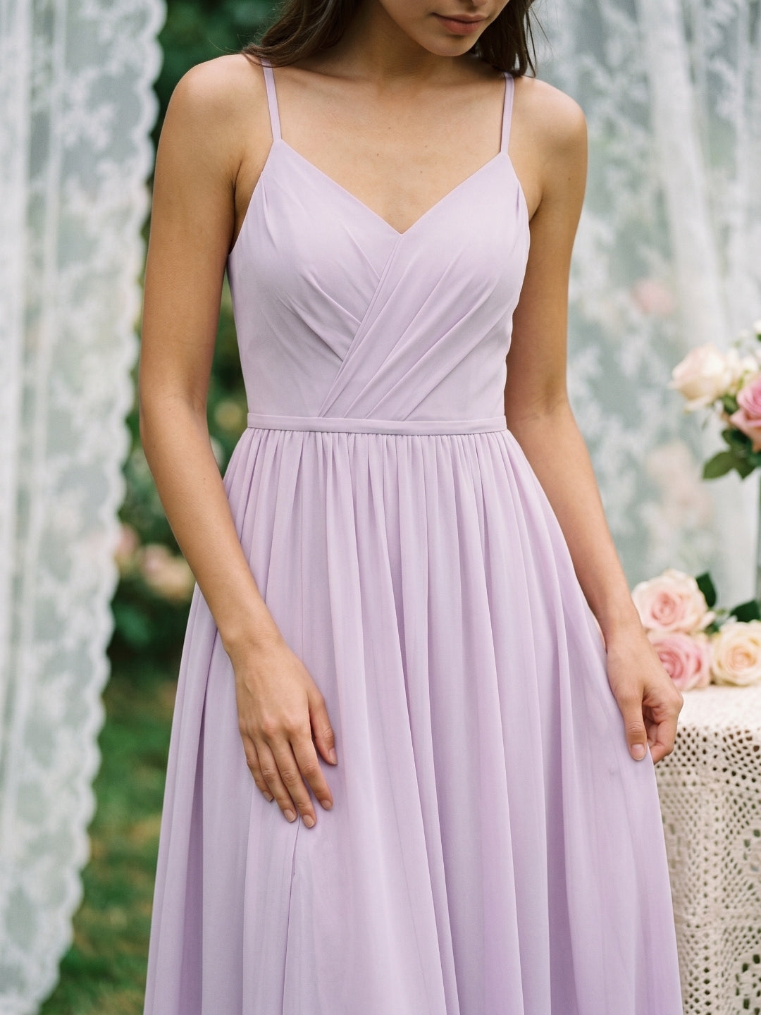 Lilac Chiffon A-Line V-Neck Back Zip Floor-Length Bridesmaid Dress with Pleating - Curvevia