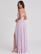 Lilac Chiffon A-Line V-Neck Back Zip Floor-Length Bridesmaid Dress with Pleating - Curvevia