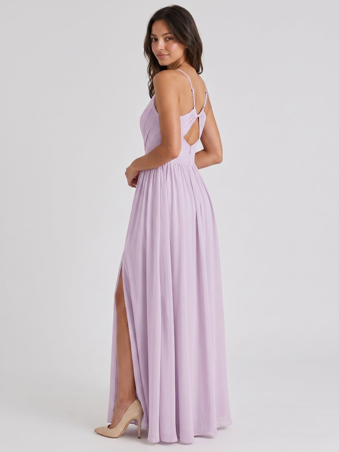 Lilac Chiffon A-Line V-Neck Back Zip Floor-Length Bridesmaid Dress with Pleating - Curvevia