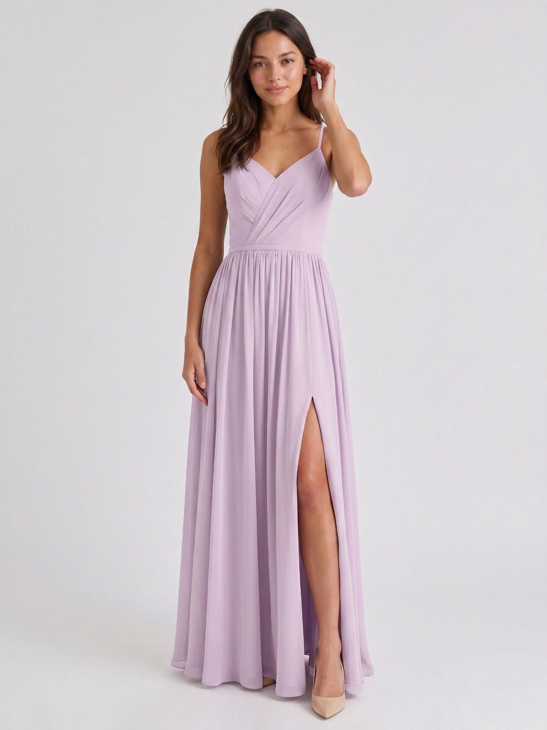 Lilac Chiffon A-Line V-Neck Back Zip Floor-Length Bridesmaid Dress with Pleating - Curvevia