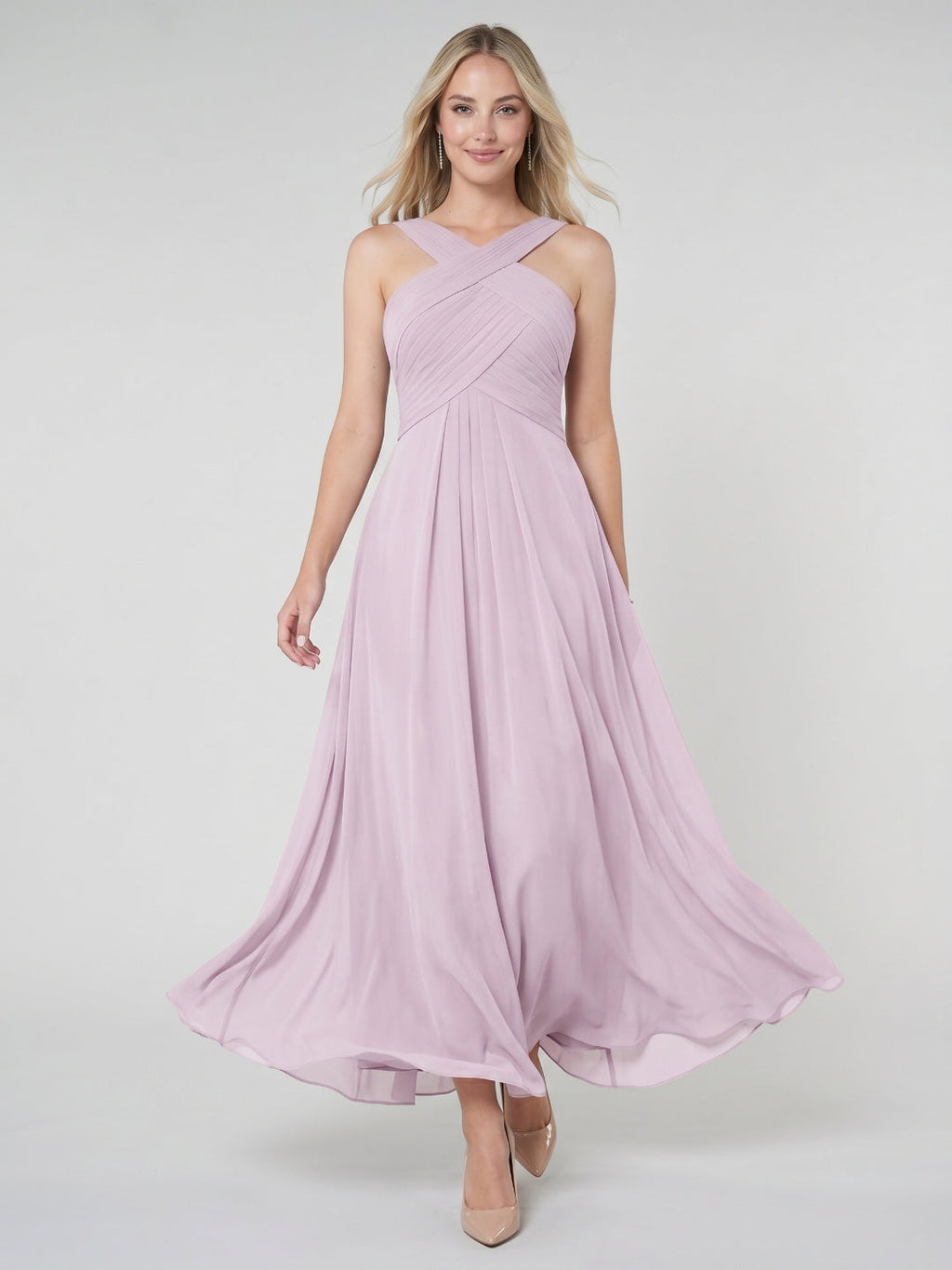 Lilac Chiffon A-Line V-Neck Backless Floor-Length Bridesmaid Dress with Pleating - Curvevia