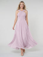 Lilac Chiffon A-Line V-Neck Backless Floor-Length Bridesmaid Dress with Pleating - Curvevia