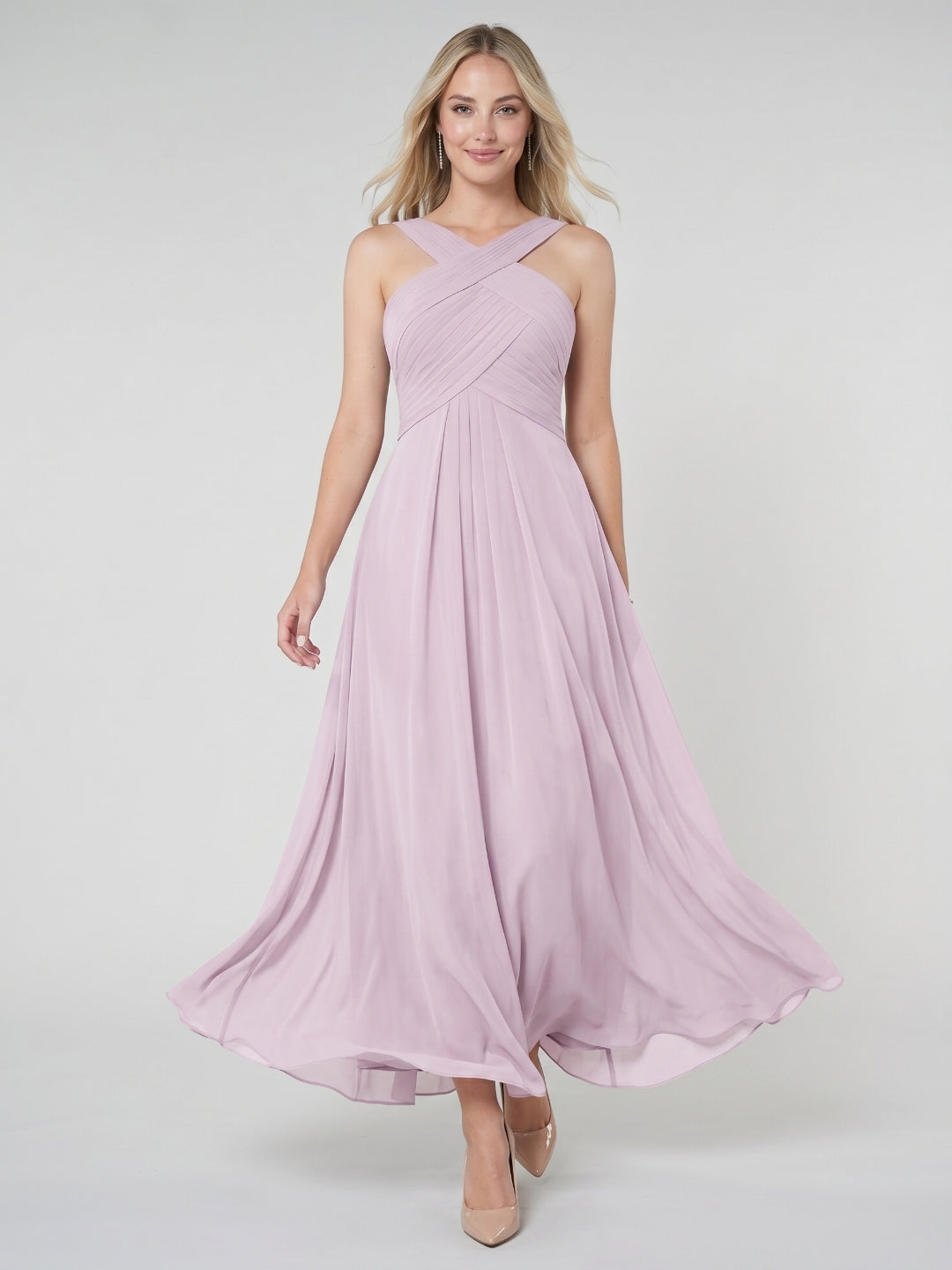 Lilac Chiffon A-Line V-Neck Backless Floor-Length Bridesmaid Dress with Pleating - Curvevia