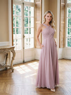 Lilac Chiffon A-Line V-Neck Backless Floor-Length Bridesmaid Dress with Pleating - Curvevia