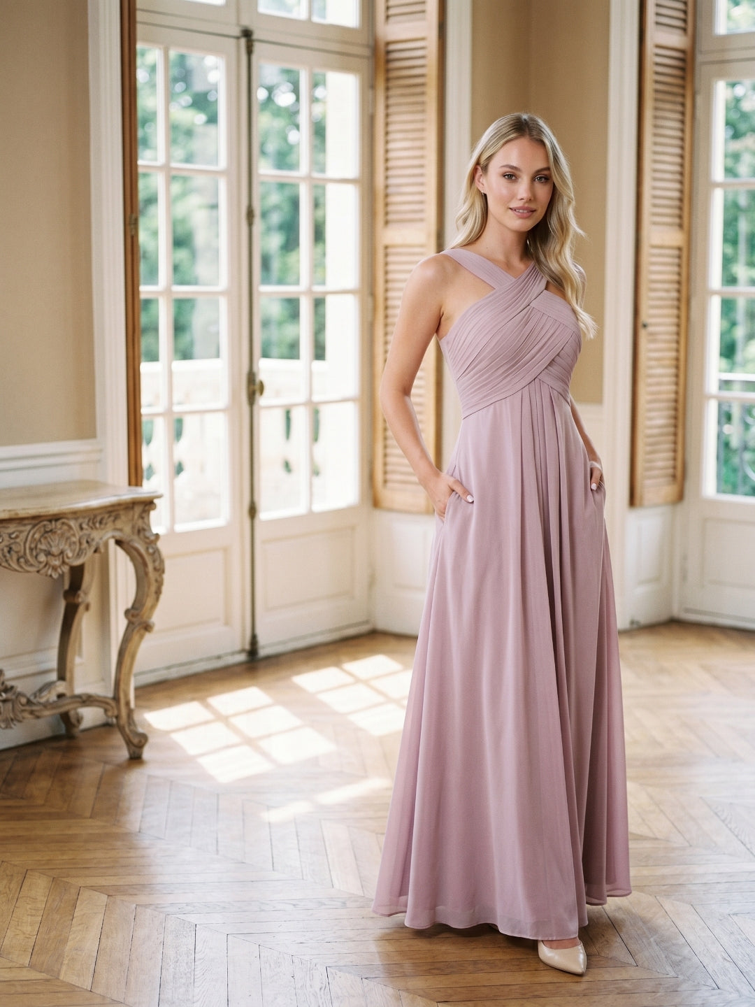 Lilac Chiffon A-Line V-Neck Backless Floor-Length Bridesmaid Dress with Pleating - Curvevia