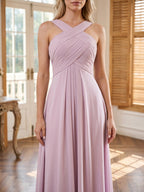 Lilac Chiffon A-Line V-Neck Backless Floor-Length Bridesmaid Dress with Pleating - Curvevia