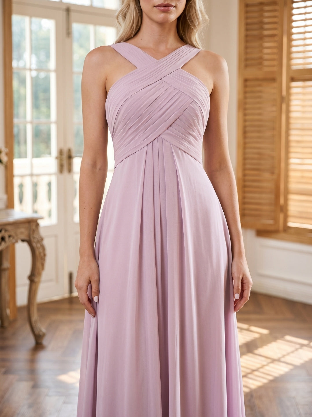 Lilac Chiffon A-Line V-Neck Backless Floor-Length Bridesmaid Dress with Pleating - Curvevia