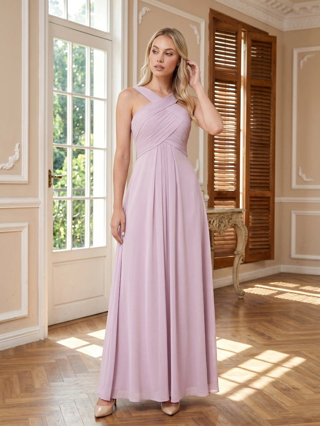 Lilac Chiffon A-Line V-Neck Backless Floor-Length Bridesmaid Dress with Pleating - Curvevia