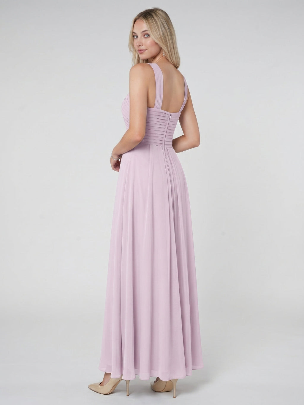 Lilac Chiffon A-Line V-Neck Backless Floor-Length Bridesmaid Dress with Pleating - Curvevia