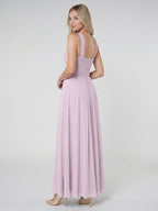 Lilac Chiffon A-Line V-Neck Backless Floor-Length Bridesmaid Dress with Pleating - Curvevia