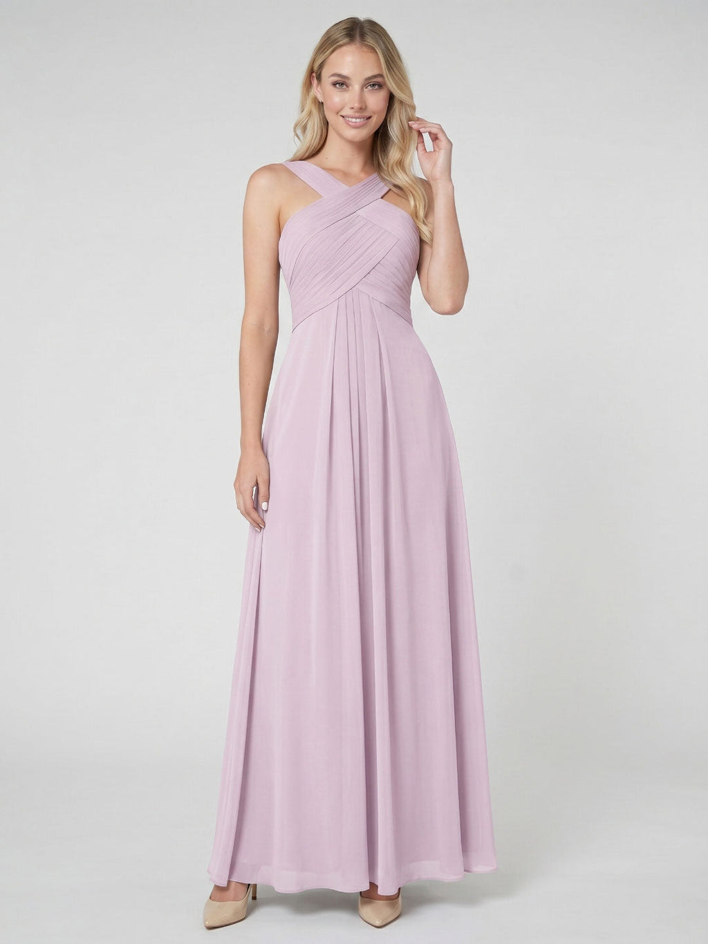 Lilac Chiffon A-Line V-Neck Backless Floor-Length Bridesmaid Dress with Pleating - Curvevia