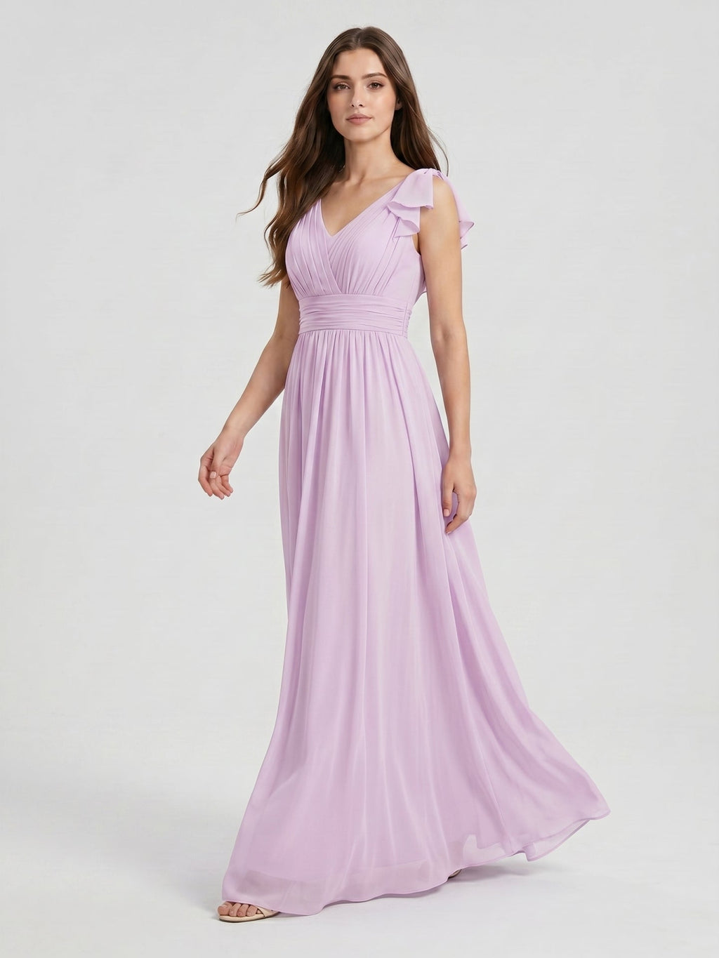 Lilac Chiffon A-Line V-Neck V-Back Floor-Length Bridesmaid Dress with Bow - Curvevia