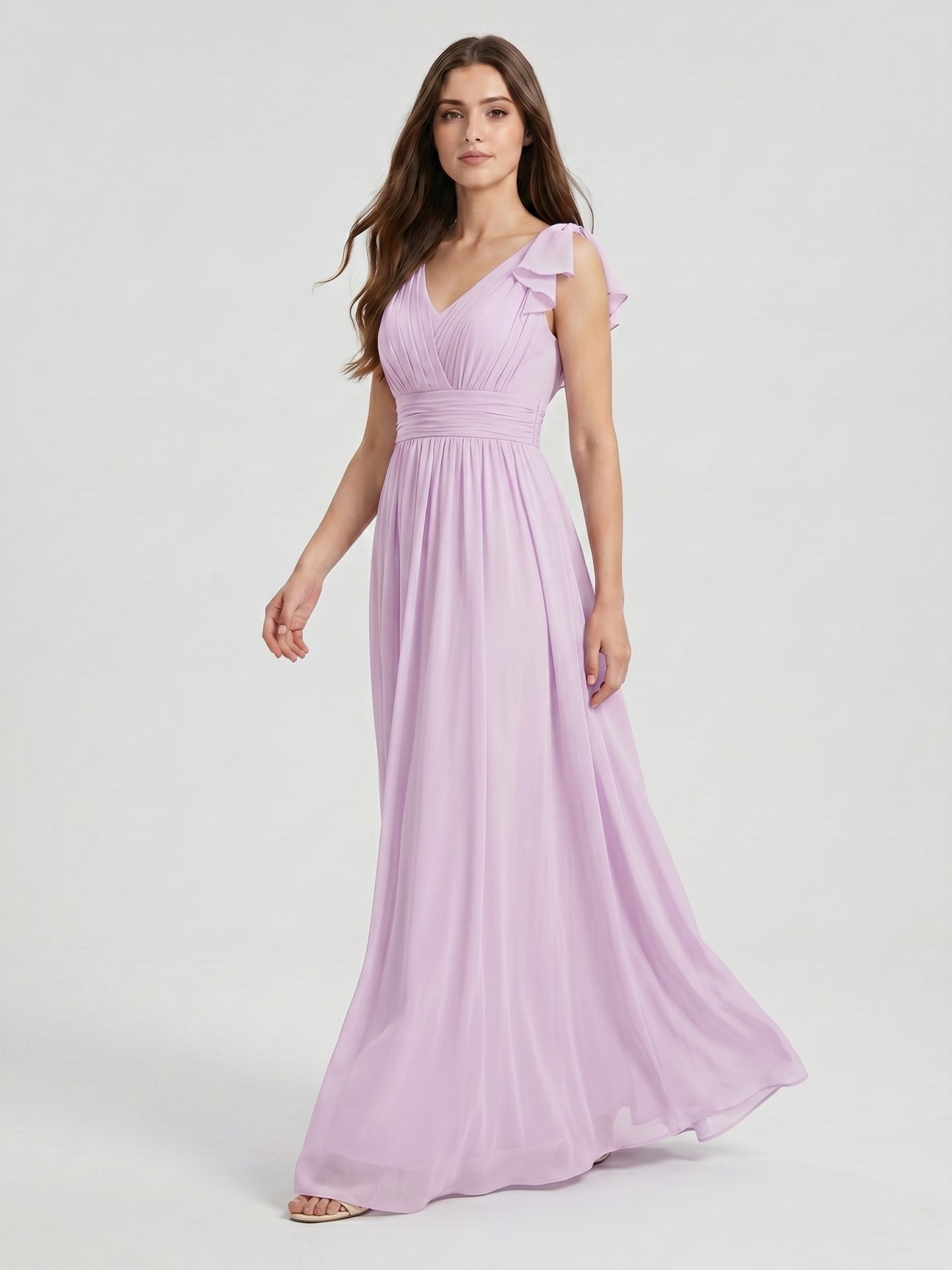 Lilac Chiffon A-Line V-Neck V-Back Floor-Length Bridesmaid Dress with Bow - Curvevia