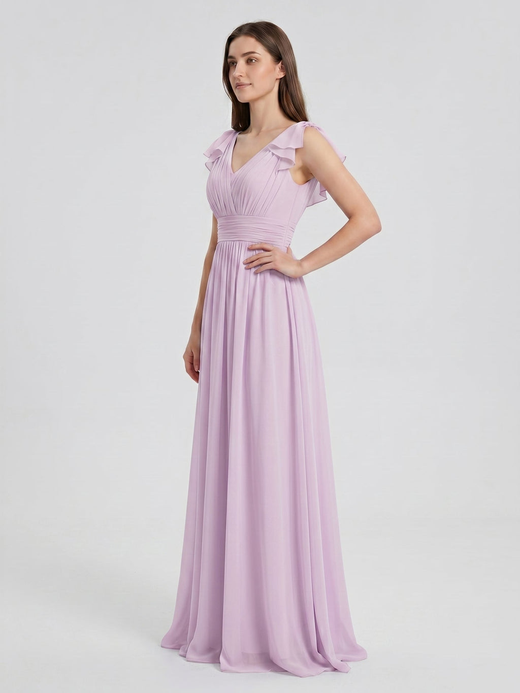 Lilac Chiffon A-Line V-Neck V-Back Floor-Length Bridesmaid Dress with Bow - Curvevia