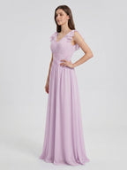 Lilac Chiffon A-Line V-Neck V-Back Floor-Length Bridesmaid Dress with Bow - Curvevia