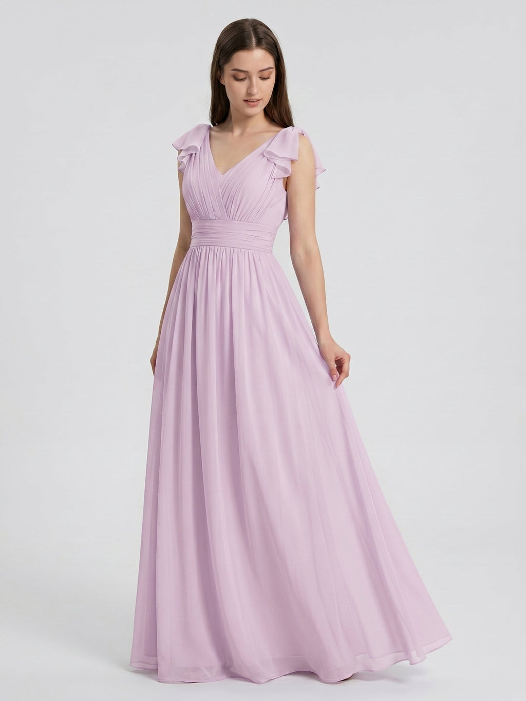 Lilac Chiffon A-Line V-Neck V-Back Floor-Length Bridesmaid Dress with Bow - Curvevia