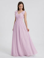 Lilac Chiffon A-Line V-Neck V-Back Floor-Length Bridesmaid Dress with Bow - Curvevia