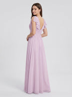 Lilac Chiffon A-Line V-Neck V-Back Floor-Length Bridesmaid Dress with Bow - Curvevia
