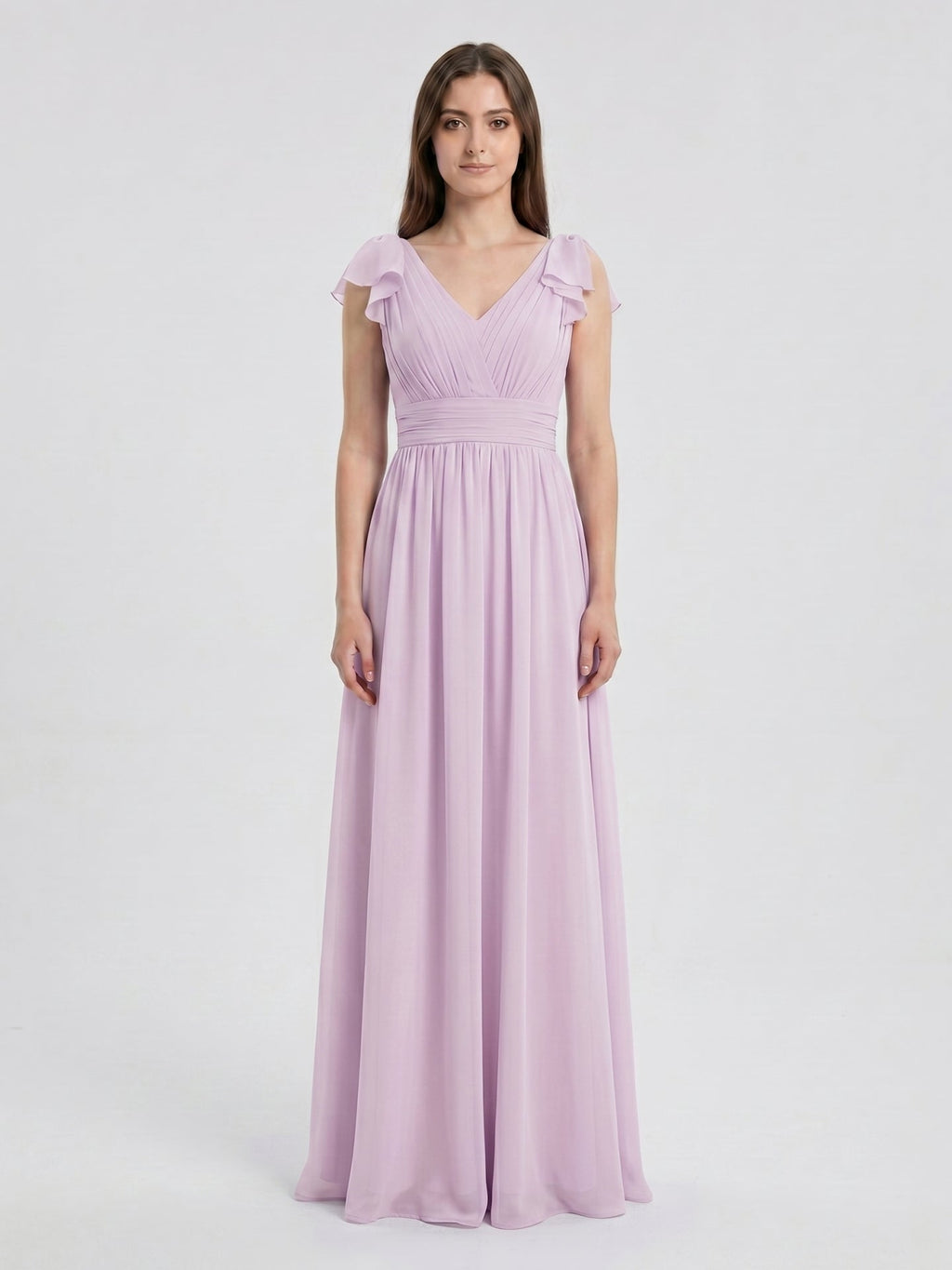 Lilac Chiffon A-Line V-Neck V-Back Floor-Length Bridesmaid Dress with Bow - Curvevia