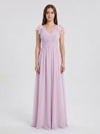 Lilac Chiffon A-Line V-Neck V-Back Floor-Length Bridesmaid Dress with Bow - Curvevia