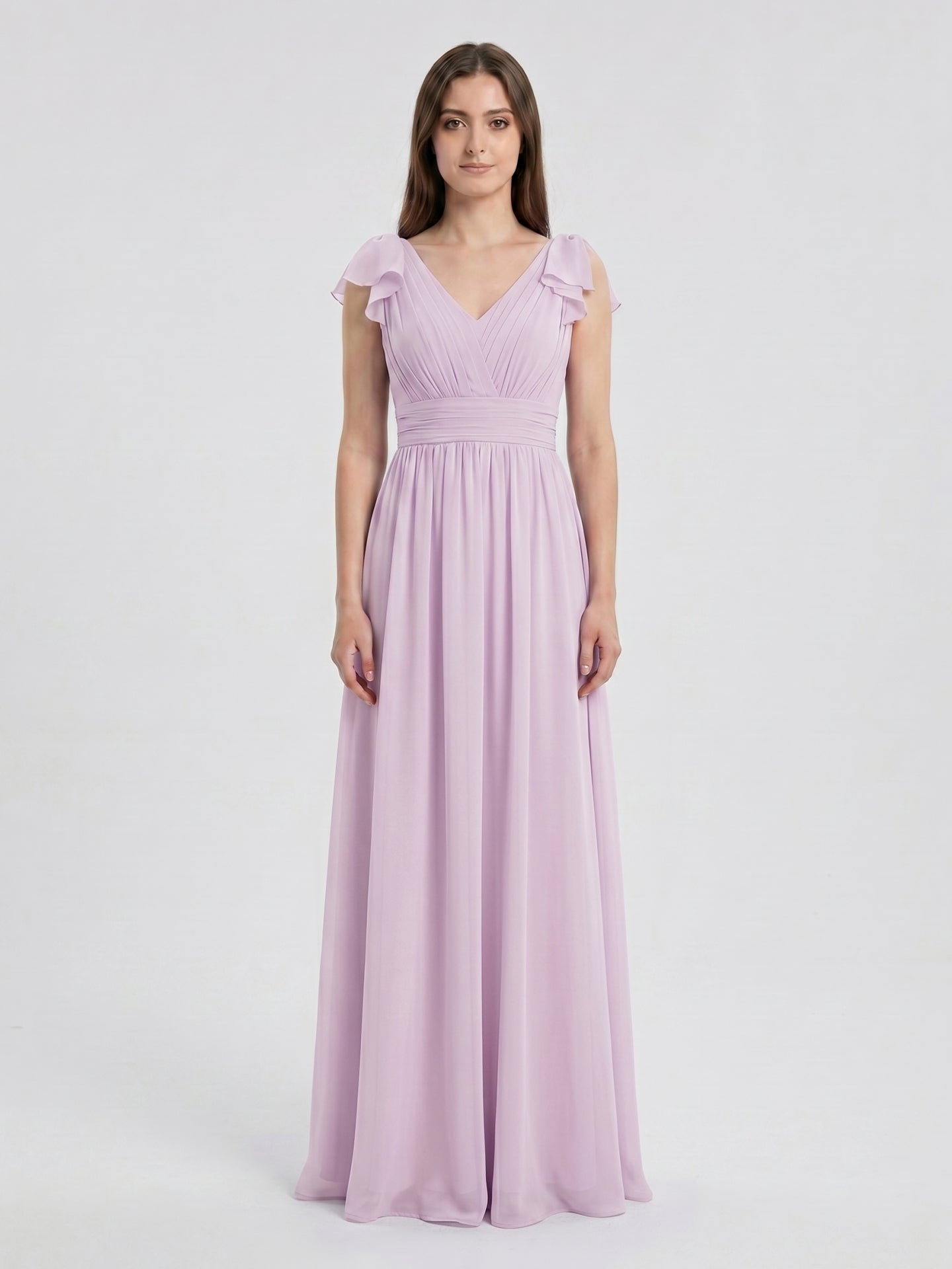 Lilac Chiffon A-Line V-Neck V-Back Floor-Length Bridesmaid Dress with Bow - Curvevia