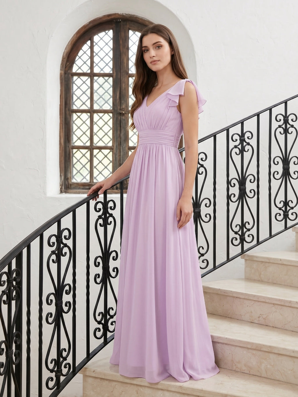 Lilac Chiffon A-Line V-Neck V-Back Floor-Length Bridesmaid Dress with Bow - Curvevia