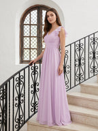 Lilac Chiffon A-Line V-Neck V-Back Floor-Length Bridesmaid Dress with Bow - Curvevia