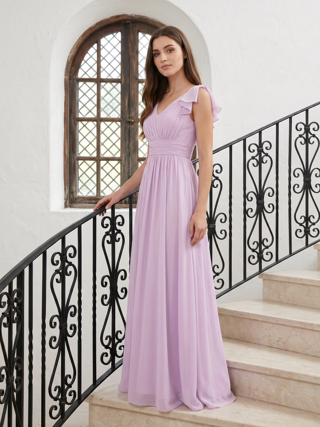 Lilac Chiffon A-Line V-Neck V-Back Floor-Length Bridesmaid Dress with Bow - Curvevia