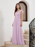 Lilac Chiffon A-Line V-Neck V-Back Floor-Length Bridesmaid Dress with Bow - Curvevia