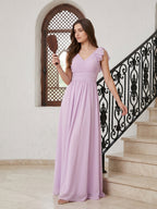 Lilac Chiffon A-Line V-Neck V-Back Floor-Length Bridesmaid Dress with Bow - Curvevia