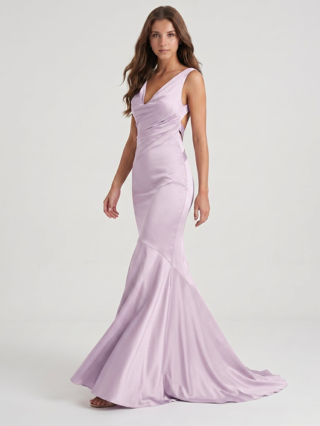 Lilac Matte Satin Mermaid Cowl Neck Backless Floor-Length Bridesmaid Dress - Curvevia