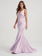 Lilac Matte Satin Mermaid Cowl Neck Backless Floor-Length Bridesmaid Dress - Curvevia