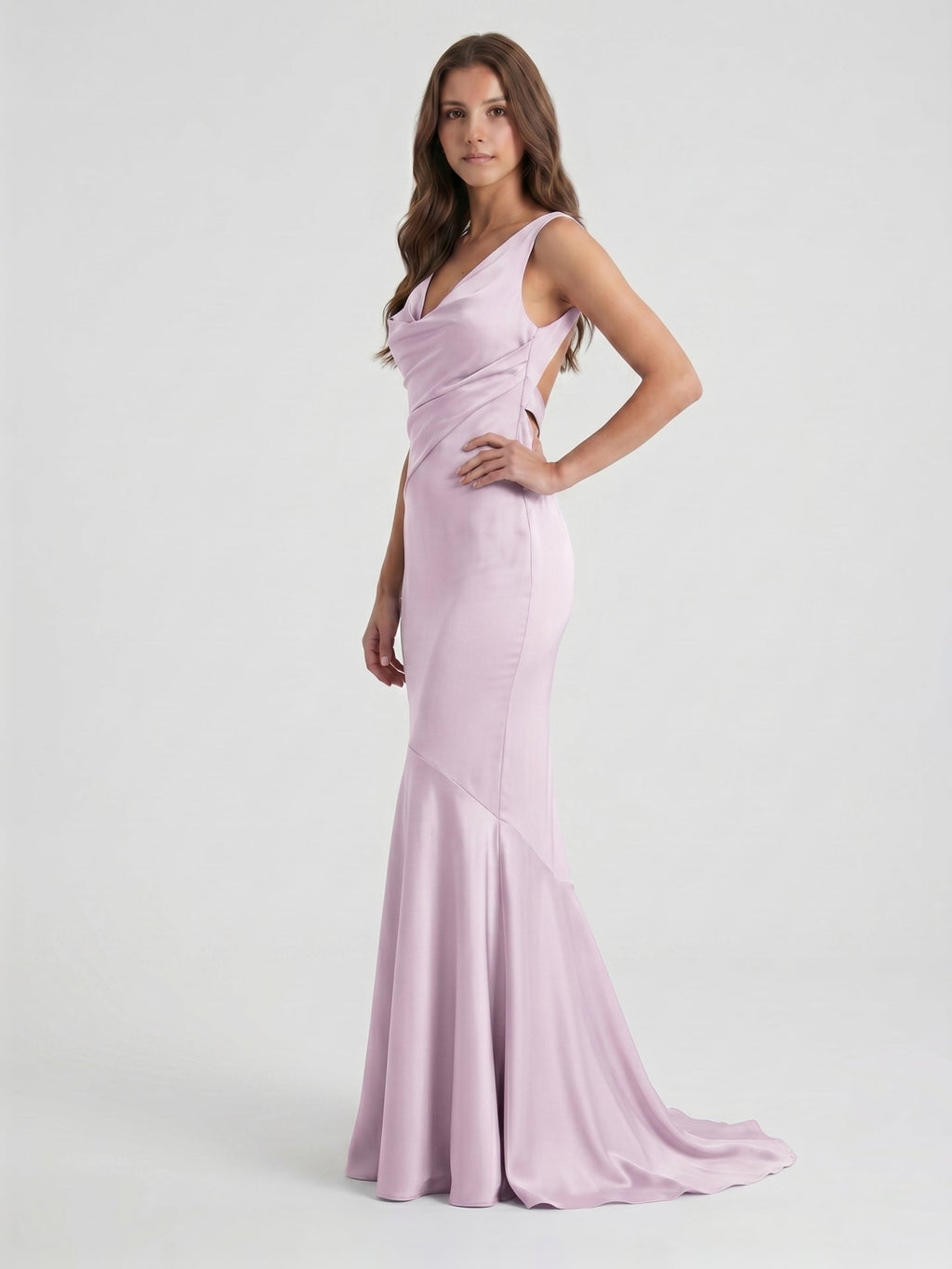 Lilac Matte Satin Mermaid Cowl Neck Backless Floor-Length Bridesmaid Dress - Curvevia