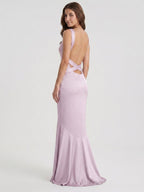 Lilac Matte Satin Mermaid Cowl Neck Backless Floor-Length Bridesmaid Dress - Curvevia