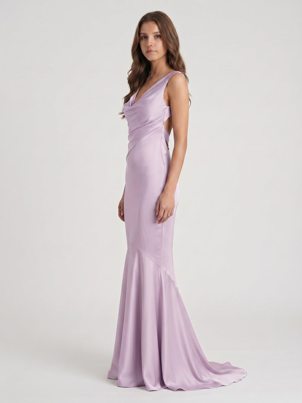 Lilac Matte Satin Mermaid Cowl Neck Backless Floor-Length Bridesmaid Dress - Curvevia