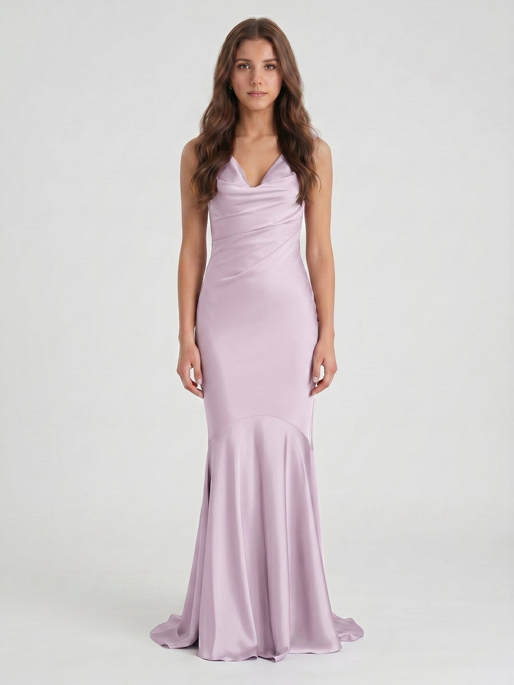 Lilac Matte Satin Mermaid Cowl Neck Backless Floor-Length Bridesmaid Dress - Curvevia
