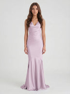 Lilac Matte Satin Mermaid Cowl Neck Backless Floor-Length Bridesmaid Dress - Curvevia