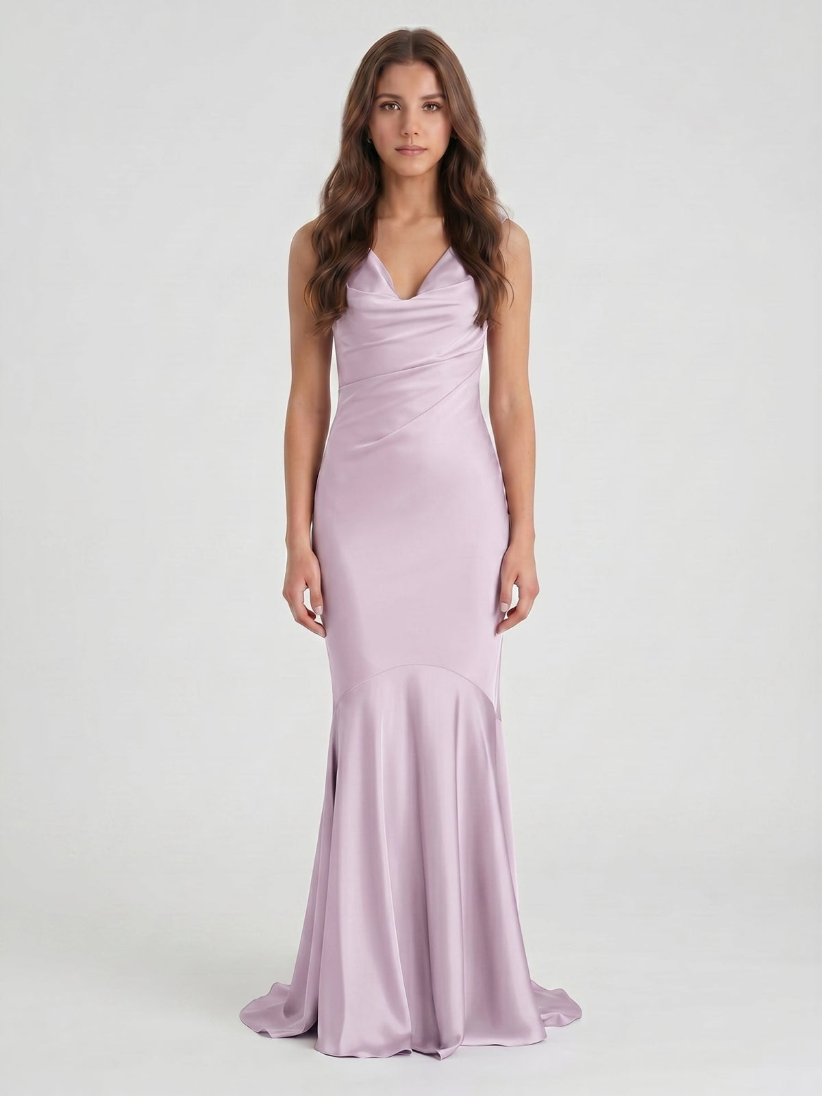 Lilac Matte Satin Mermaid Cowl Neck Backless Floor-Length Bridesmaid Dress - Curvevia