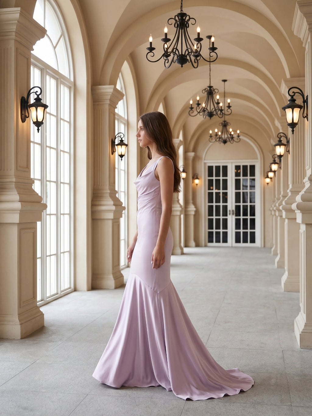 Lilac Matte Satin Mermaid Cowl Neck Backless Floor-Length Bridesmaid Dress - Curvevia